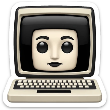 White and black 80s computer with face sticker