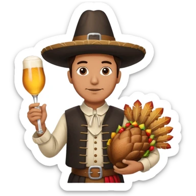 Mexican man dressesd as  Thanksgiving pilgram holding a large drumstick and Corona beer sticker