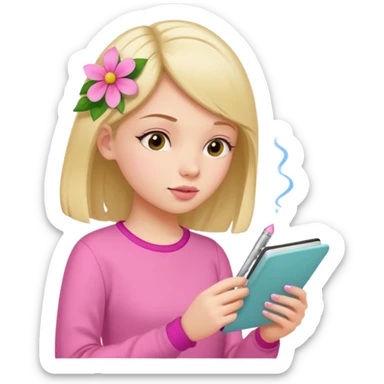 girl taking notes in pink thones and smell a fragance sticker