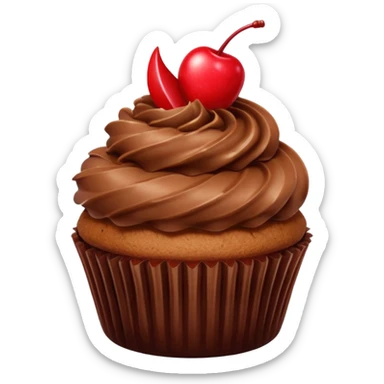cupcake with brown chocolate frosting and a cherry on top sticker