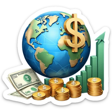 An icon featuring  a dollar sign, and a chart with upward trends, symbolizing economics. The design includes coins, bills, and earth e, representing global trade and financial systems. Transparent background highlights the study of markets, supply, and demand. sticker
