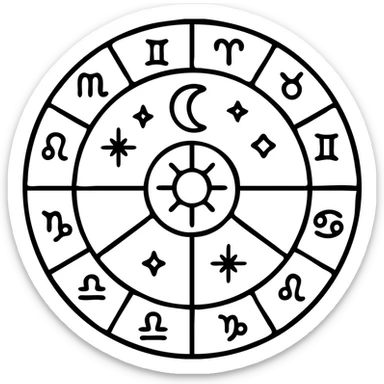 vintage astrology natal chart icon with intricate celestial symbols, mystical, ornate, zodiac constellations, outline style sticker
