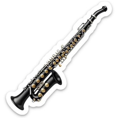 Create an elegant and detailed emoji representing a clarinet. The design should feature the sleek, black wood finish of the clarinet with its shiny metal keys clearly visible. Highlight the intricate details, such as the bell at the end and the carefully crafted mouthpiece with the reed. Use black wood tones for the body of the instrument and silver or brass accents for the keys. Add subtle musical notes or soundwaves floating around the instrument to evoke the smooth, melodic sound of the clarinet. The background should be transparent. sticker