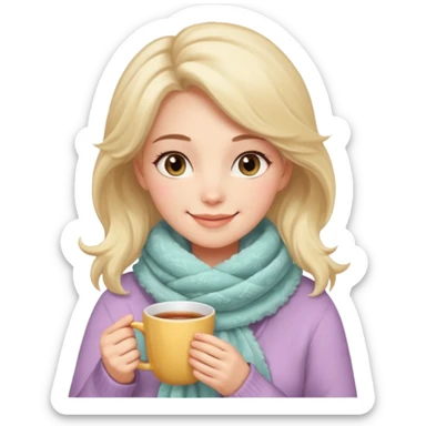 A warm-looking woman with a fluffy pastel scarf, smiling softly while holding a cup of tea. sticker