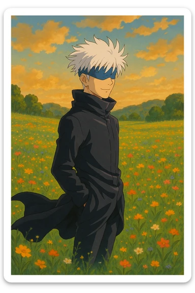 Gojo Satoru, standing in a magical field, white hair, blue blindfold, flowing coat, warm lighting, Ghibli-inspired sticker