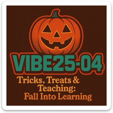 Create a logo that encompasses a retro 80's feel, nostalgic, ALSO RETRO.  Add the words "VIBE25-04: Tricks, Treats & Teaching: Fall Into Learning" sticker
