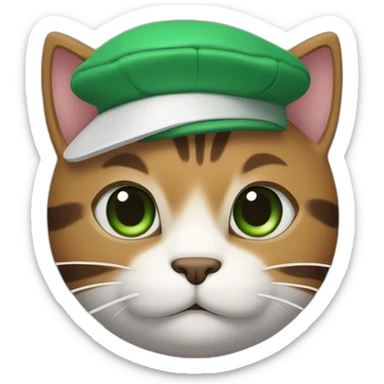 Brown cat with black stripes and white mustache and the contour of the white mouth and green eyes with a brush pencil and a beret sticker