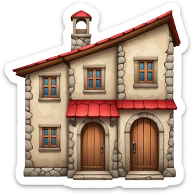 old, tall crooked building with red roof and wooden door




 sticker