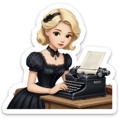 Blonde model wearing a black Victorian gown typing on a black typewriter at an old desk sticker