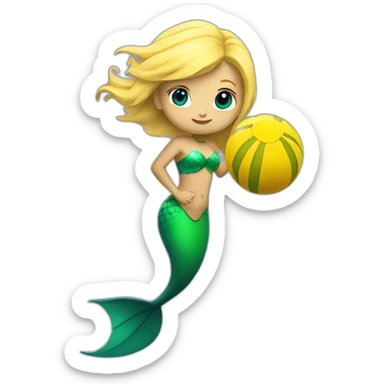 Underwater blond mermaid swimming with fins, snorkel equipement, holding a small yellow ball, looking strong and fighting sticker