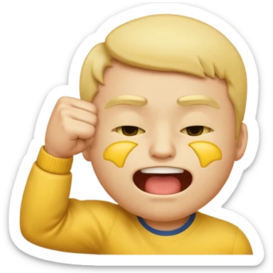 Regular yellow face emoji biting his lip with his eyes closed while having a fist a the lower part of his face and doing the frat flick with his other hand sticker