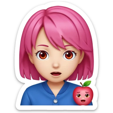 Teto Kasane emoji, apple style, pink twin-drill hair, red eyes, blue outfit, surprised expression sticker