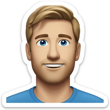 A head and shoulders shot of a 33 year old Caucasian man, with short brown hair,   with blue eyes wearing a t-shirt. sticker