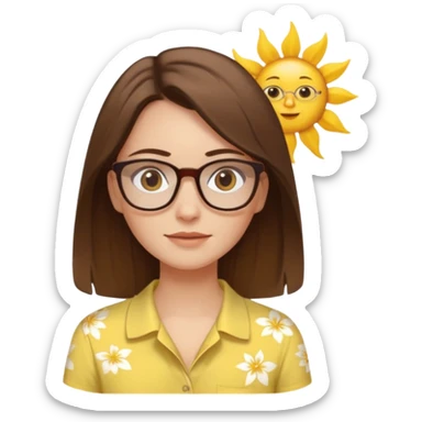 Hawaii female with white skin. Shoulder length straight brown hair. Brown eyes with glasses. Female wearing baby yellow shirt. sticker