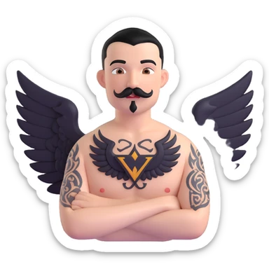 pumped up white male, buzz cut black hair, handlebar mustache black, two wings tattooed on his chest sticker