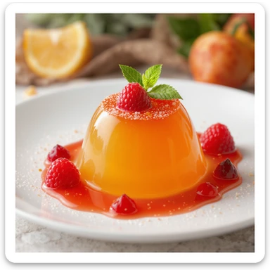 realistic jelly dessert, translucent and glossy, on a white plate, professional photography style sticker