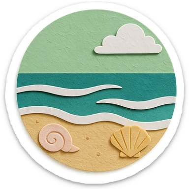 view of the ocean from the beach with sand, shells, and gentle waves, green and white sticker