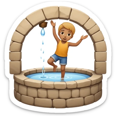 Create a clean emoji-style icon showing a small child falling into a round stone water well. The well must be clearly recognizable: circular stone rim, dark opening. Show the child mid-air, tilted downward above the well with simple motion lines. sticker