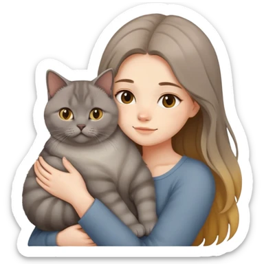 A long-haired girl hugs a British shorthair cat with a brown gradient to light yellow color sticker