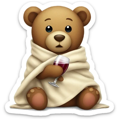 a Christmas teddy happy bear wrapped in a blanket drinks wine sticker