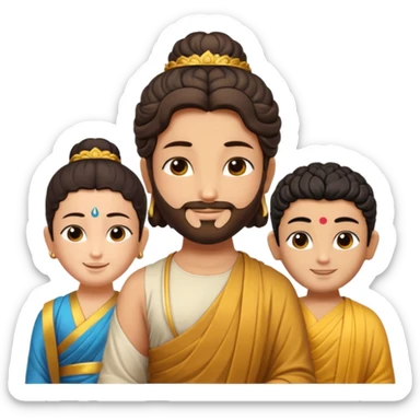Create a Jesus, Krishna, and Buddha standing together. Buddha: warm golden or light tan skin, dark curled hair with a traditional top bun (ushnisha), half-closed meditative eyes

 sticker