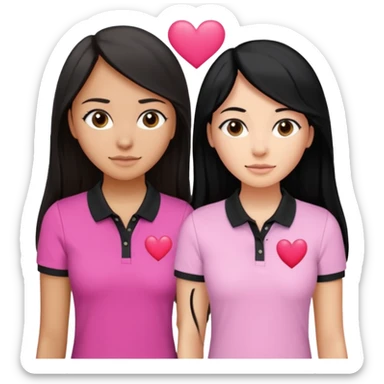 Dos mujeres juntas que una sea de color trigueña y de color blanca, cabello largo negro sea la de piel blanca y la de piel trigueña cabello castaño raya en medio, tengan polo blanco y negro y tengan un corazon rosado arriba sticker