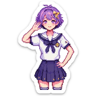 Pixel art anime schoolgirl with short bright purple hair in Japanese sailor uniform, standing with one hand on hip trying to look brave but shyly waving with pink blush across face sticker