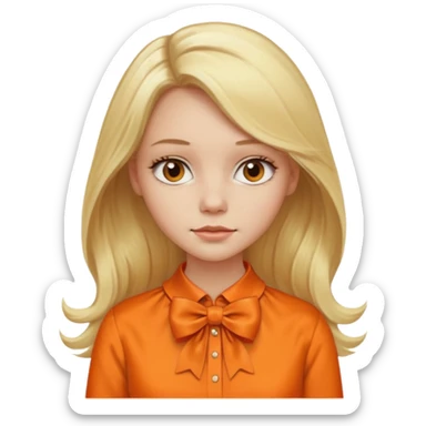 longer blond hair not smiling woman with orange blouse bow collar sticker