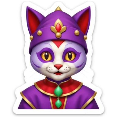 crazy colorful cute little cat jolly joker from poker, medieval, vintage, court jester, mac os icon, purple and red color, half body sticker