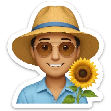 Man smelling sunflower with gentle smile, half body sticker