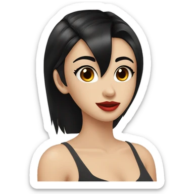 pretty girl with black hair reaching below the armpits with hime cut hairstyle. red lips, brown eyes, fair skin sticker