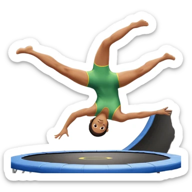 An athletic person soaring high above a trampoline, executing an acrobatic flip with perfect form. The scene captures motion and energy, with a dynamic pose, stretched limbs, and a focused expression. The background suggests a professional trampoline arena with safety padding. sticker