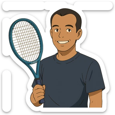 ghibli style light brown skinned tennis coach, short straight black hair with widow's peak, oval face, small eyes, smiling, holding blue Yonex racket, wearing navy blue dry fit shirt sticker