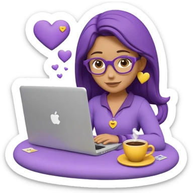 3D clay character relaxed with laptop and coffee, floating icons (envelope, heart, dollar), purple (#8B5CF6) outfit, bright yellow (#FBBF24) icons, white laptop, Pixar style, transparent background sticker