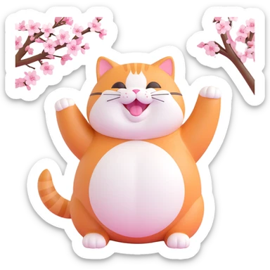 chubby orange tabby cat with white face and belly, surrounded by pink cherry blossoms, pink background, sparkles, Japanese characters, 3D iOS emoji style sticker