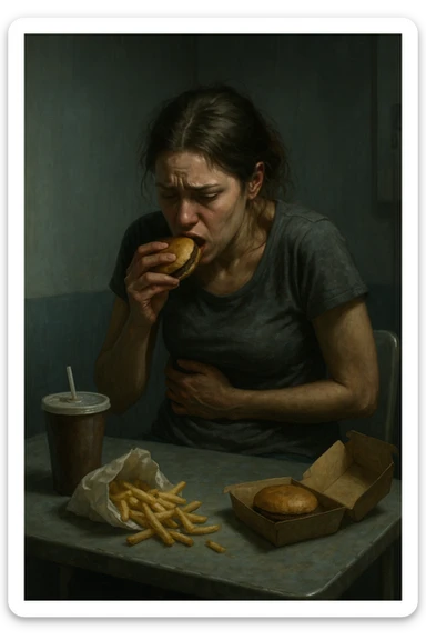 realistic illustration of a woman showing marked emotional eating during menstrual cycle, nervous gestures, contracted posture, clinical atmosphere, dramatic lighting, no text, 2:3 aspect ratio sticker