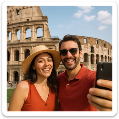an Italian tourist couple, one with a sunhat, the other with sunglasses, taking a selfie in front of a landmark sticker