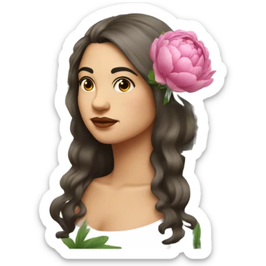 Peonies around head of a white Spanish raven brunette long hair chubby woman sticker