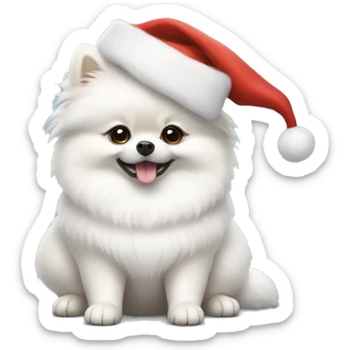 White Pomeranian in a Christmas hat sticker