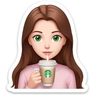pretty woman with very long brown hair and green eyes and light pink outfit with a latte sticker
