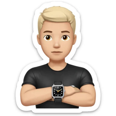 man wearing a black strap watch on his wrist portrait, head and shoulders only, wrist clearly visible, black leather strap watch worn on arm, confident expression, 3D cartoon, mobile game icon style, clean background, no text, no watermark
 sticker