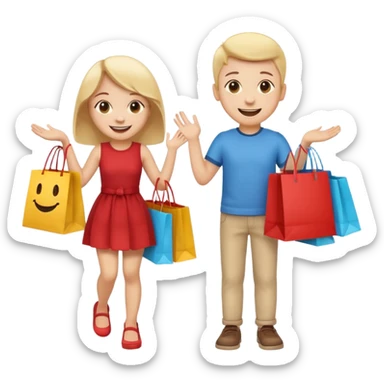 HAPPY SMILEY FACE BOY AND GIRL WITH HANDS AND FEET EMOJI WITH SHOPPING BAGS IN EACH HAND sticker
