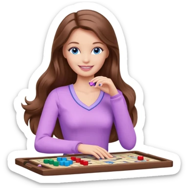 beautiful barbie girl with long brown hair, blue eyes and wearing light purple clothes playing board games sticker