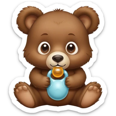 baby bear with a pacifier in it’s mouth and wearing a diaper sticker
