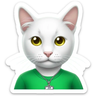 a white cat manager in green t-shirt sticker