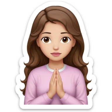 girl with wavy long brown hair, brown eyes, light to medium complexion, long lashes, light pink lipstick, praying, wearing light pink shirt sticker