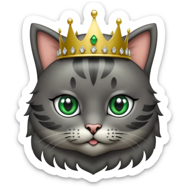 Gatito gris oscura con rayas negras ojos verdes vestida de reina con coronas y diamantes, más peluda y gordura  sticker