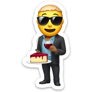 A bottle of wine character with arms, legs and sunglasses with a slice of cake in a hand sticker