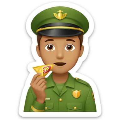 supermarket collegue wearing a green uniform and eating a packet of crisps no hat sticker