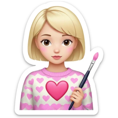 girl with short blonde hair with heart sweater and pink brushes sticker